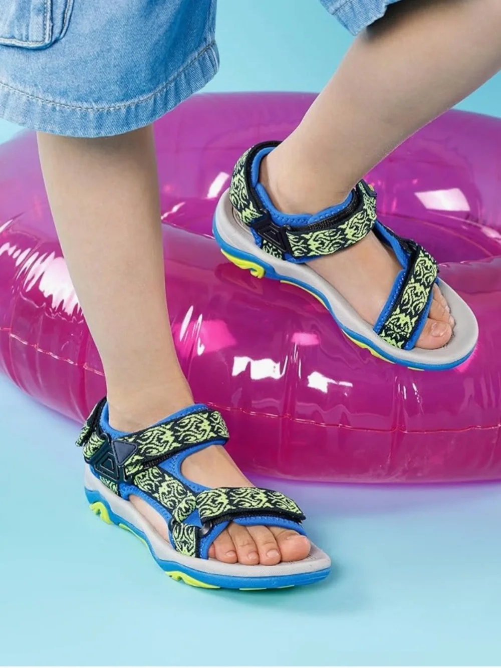 Dream Pairs Neon Green and Blue Patterned Kids Sport Sandals